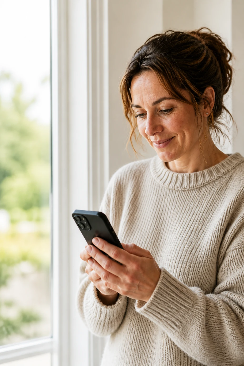En kunde får hjælp på sin telefon ved vinduet i et lyst hjem.